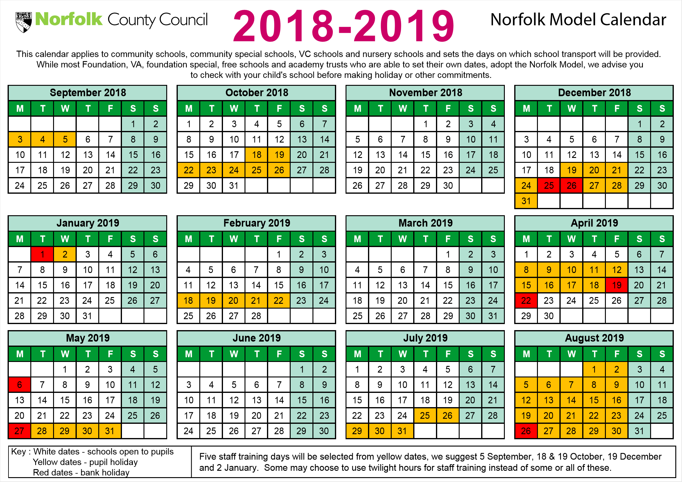 Norfolk Schools Timetable, 2018-2019